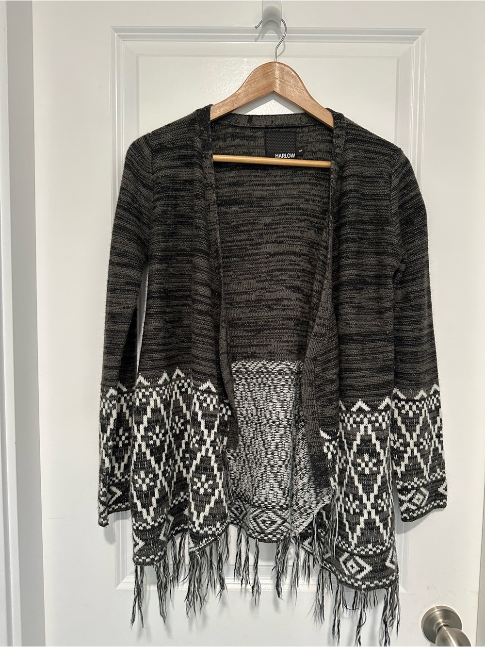 Harlow Charcoal Gray & White Fringe Open-Front Knit Cardigan Women’s Size Medium